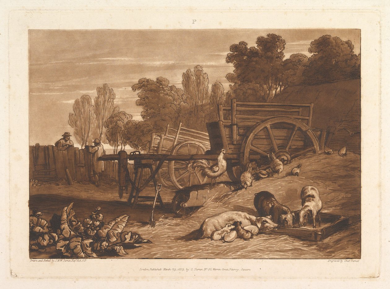 फार्म लिबर स्टडियोरम के साथ फार्म-यार्ड, भाग IV, प्लेट 17, 29 मार्च, 1809। द्वारा जोसेफ मैलॉर्ड विलियम टर्नर