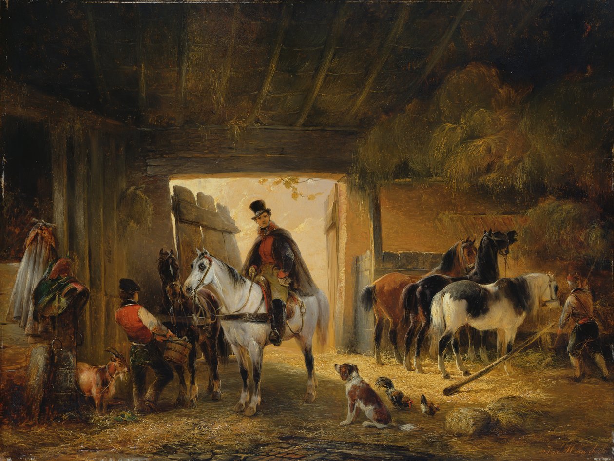 एक राइडर अपने घोड़े को एक स्थिर, 1840 में पानी पिलाता है द्वारा जोसेफ Moerenhout