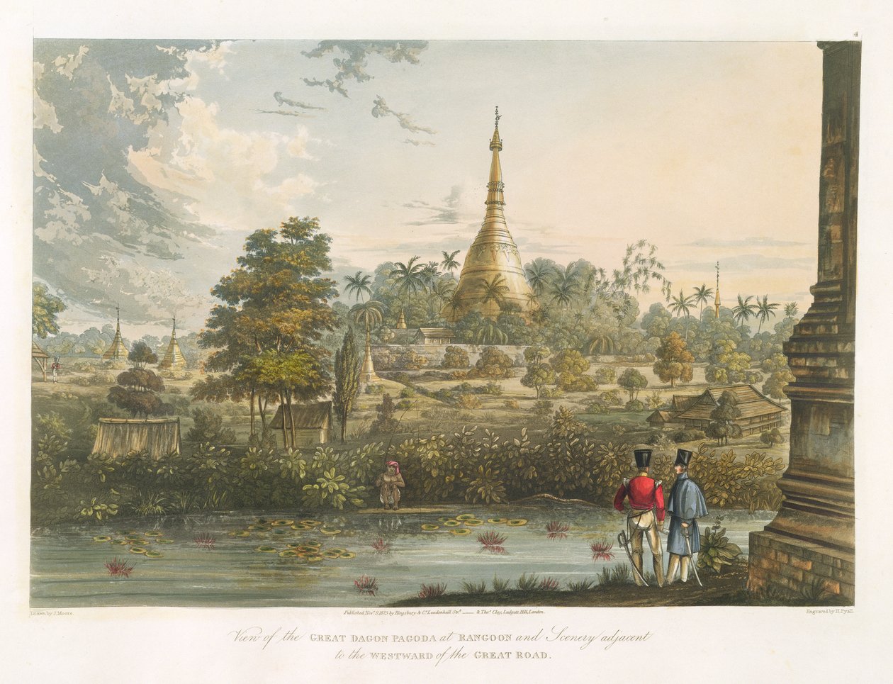 हेनरी पायल (1795-1833) 1825-26 द्वारा उकेरे गए पश्चिम से रंगून में ग्रेट डेगन पैगोडा का दृश्य द्वारा जोसेफ मूर