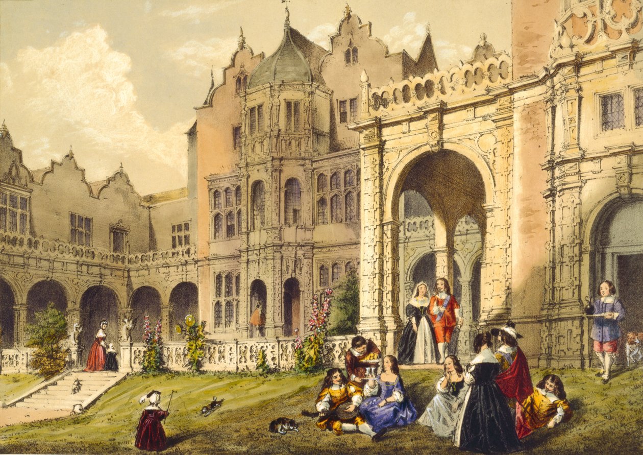 1838 में n आर्किटेक्चर फ्रॉम द मिडल एज ’से टैरेस लॉन, हॉलैंड हाउस, केंसिंग्टन में जलपान द्वारा जोसेफ नैश