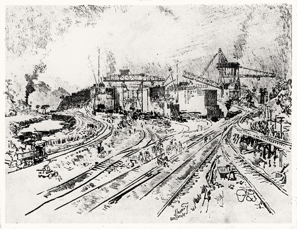 जोसेफ पेनेल, 1912 (कागज पर चारकोल) द्वारा पनामा नहर से मीराफ्लोर लॉक, प्लेट XXI का निर्माण द्वारा जोसेफ पेनेल