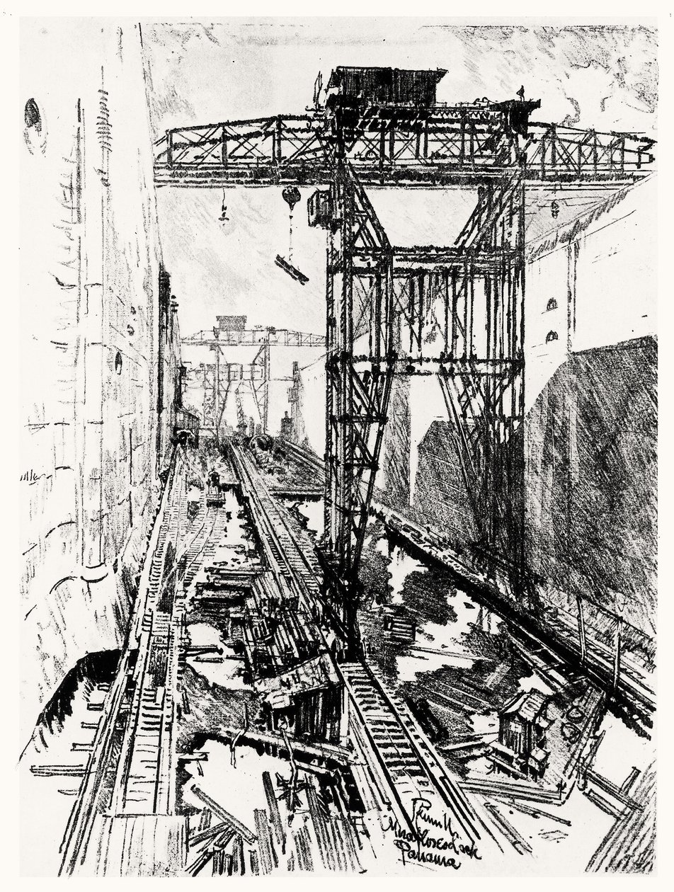 मिराफ्लोरेस लॉक में क्रेन, जोसेफ पेनेल द्वारा पनामा नहर से प्लेट XXII, 1912 (कागज पर लकड़ी का कोयला) द्वारा जोसेफ पेनेल