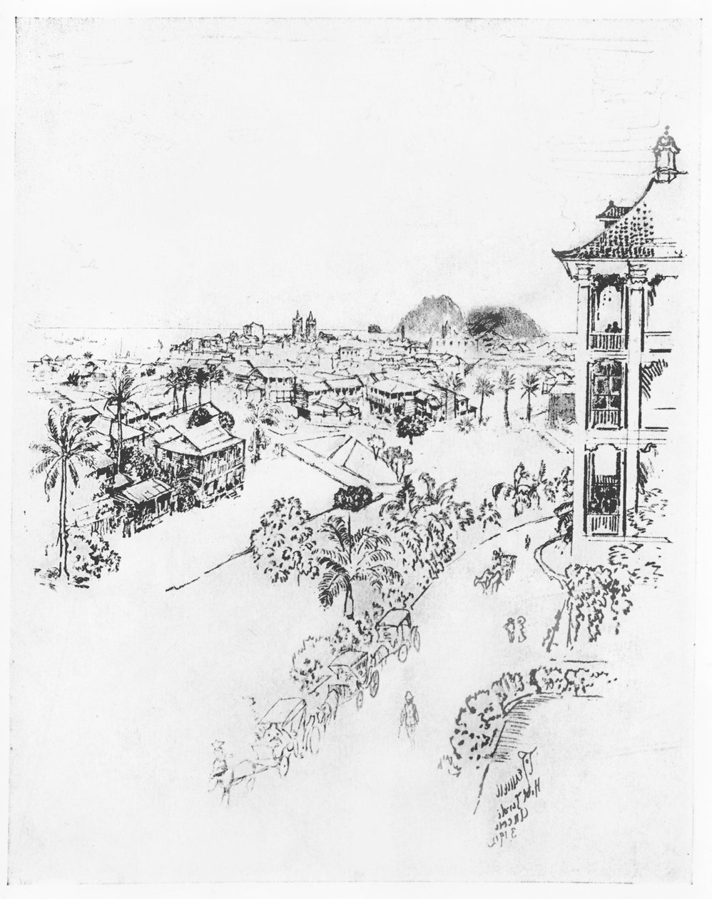 जोसेफ पेनेल द्वारा 1912 में &39;द पनामा नहर&39; से टिवोली होटल, पनामा सिटी ऑफ़ पनाम, (कागज पर चारकोल) द्वारा जोसेफ पेनेल