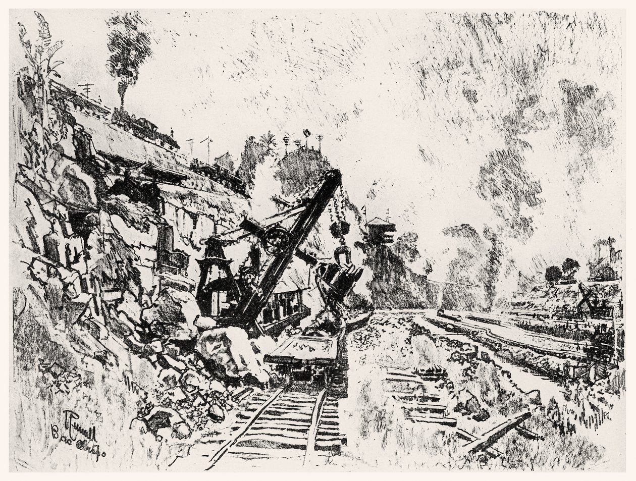 बास ओबिस्पो में कट, जोसेफ पेनेल द्वारा पनामा नहर से प्लेट XI, 1912 (कागज पर लकड़ी का कोयला) द्वारा जोसेफ पेनेल