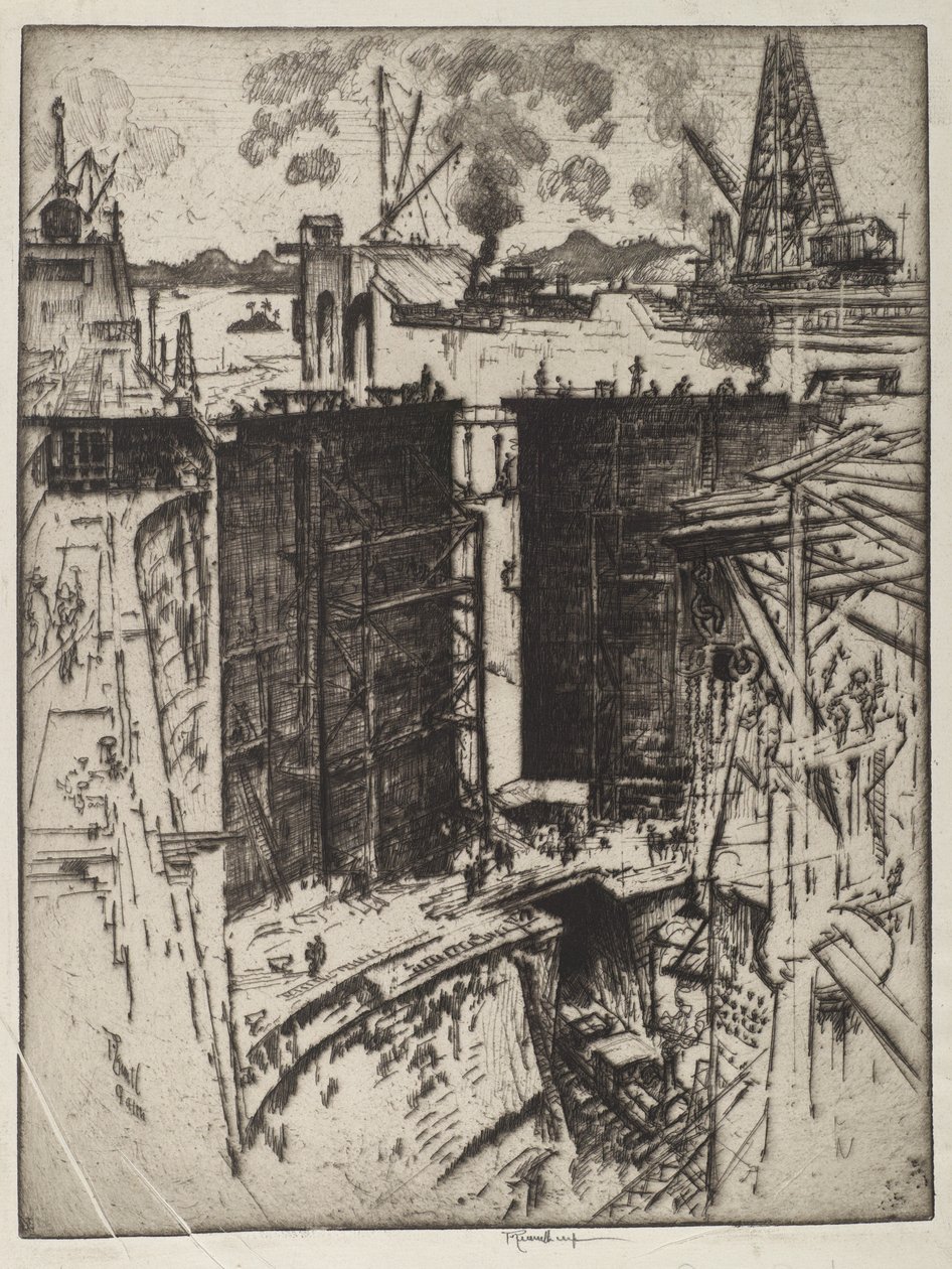 गार्ड गेट, गैटून लॉक, पनामा, 1912 (कागज पर नक़्क़ाशी) द्वारा जोसेफ पेनेल
