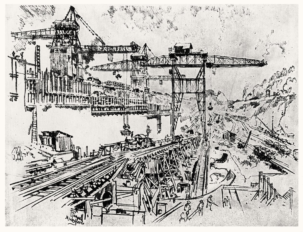 जोसेफ पेनेल, 1912 (कागज पर चारकोल) द्वारा पनामा नहर से मिर्फ़्लोरेस लॉक की दीवारें, प्लेट XXIII द्वारा जोसेफ पेनेल