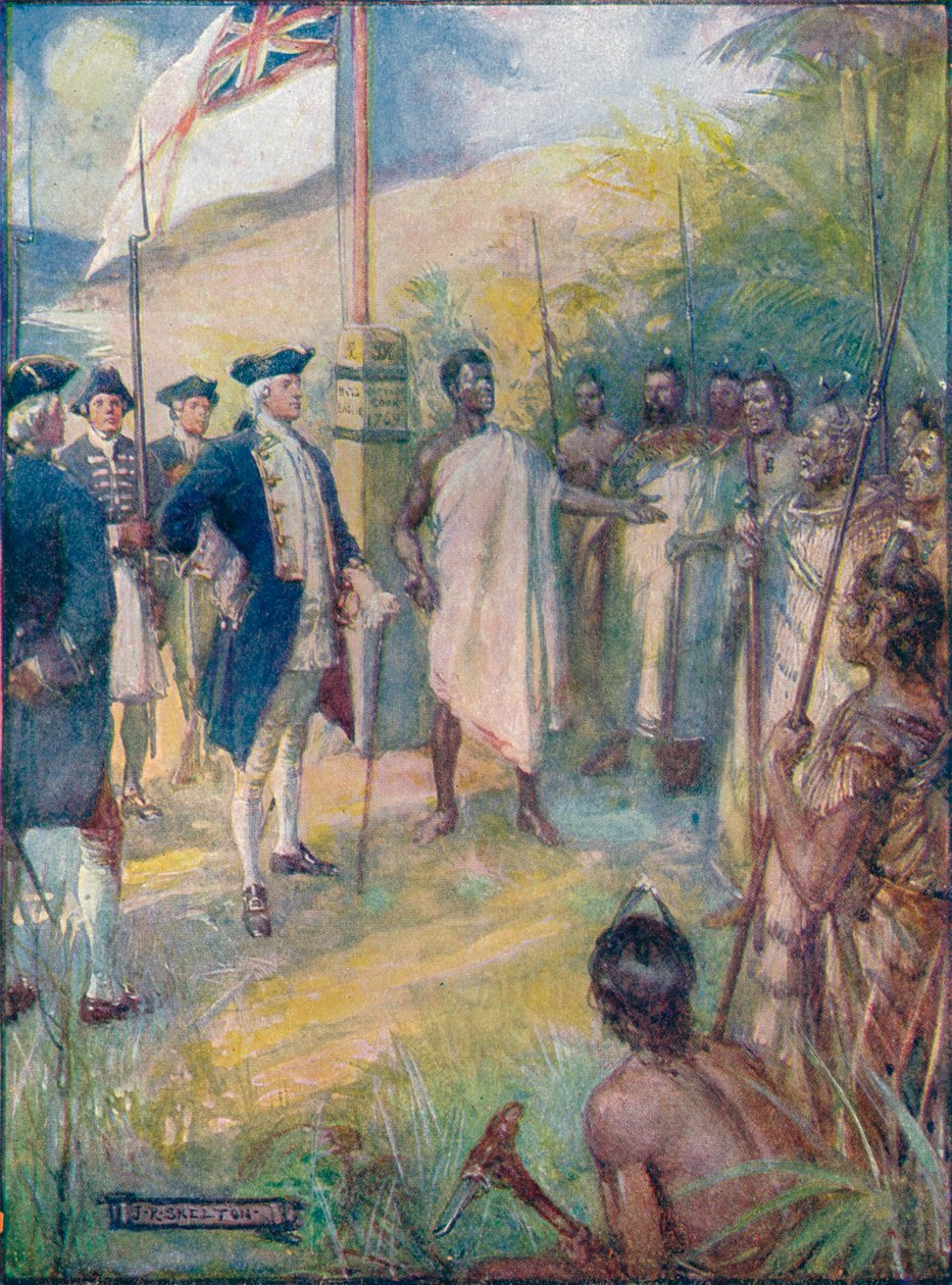 कुक ने बताया कि नोरिस ने अपने द्वीपों पर एक निशान स्थापित करने के लिए आया था, c1908, c1920। द्वारा जोसेफ रैटक्लिफ स्कीलटन