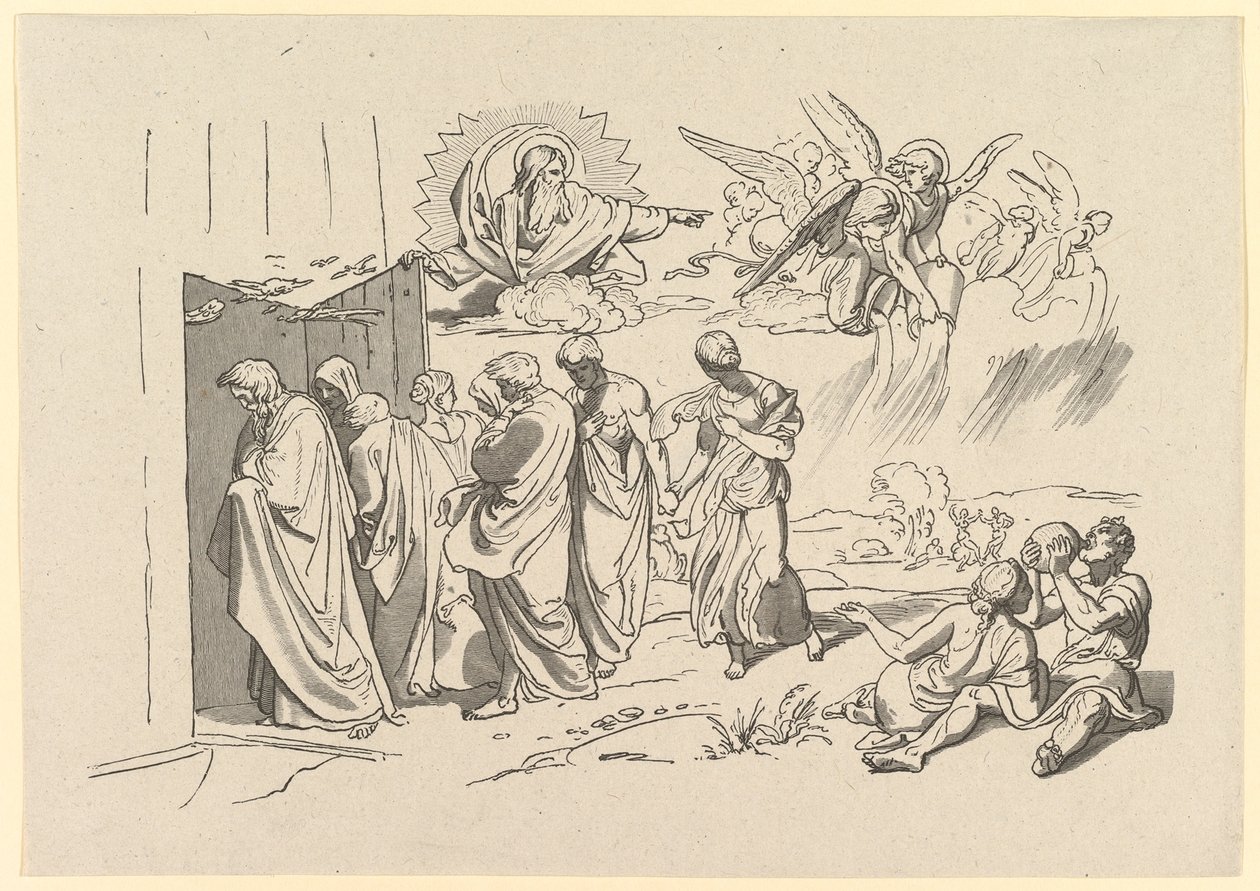 परमेश्वर ने नूह और उसके परिवार को सन्दूक, 1827 में बुलाया। द्वारा जोसेफ़ वॉन फ्यूरिच