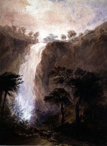 एक झरने का दृश्य, c.1820 (कागज पर अरबी गोंद के साथ जल रंग) द्वारा जोशुआ वालिस