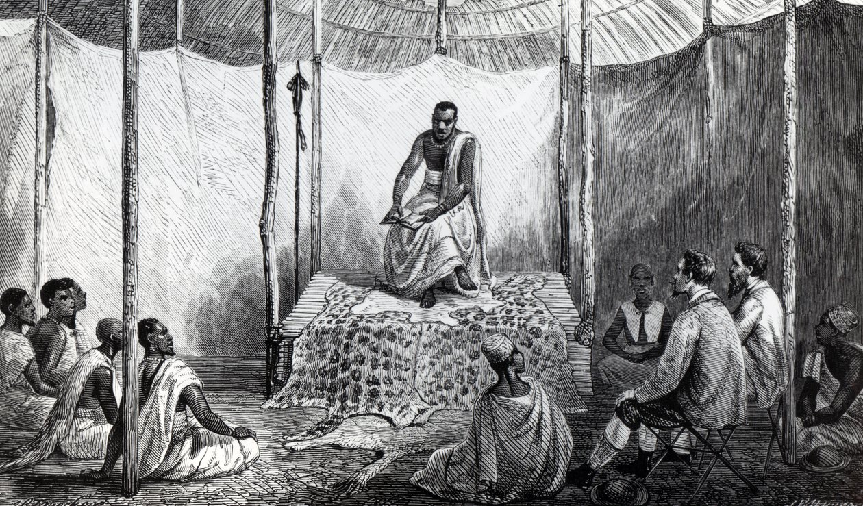 बाइबल में कामरासी का पहला पाठ, जॉन हैनिंग स्पेक द्वारा &39;ए जर्नल ऑफ़ द डिस्कवरी ऑफ़ द नाइल ऑफ द सोर्स ऑफ द नील&39; का चित्रण, 1864 में प्रकाशित द्वारा जोशिया वुड व्हिम्पर