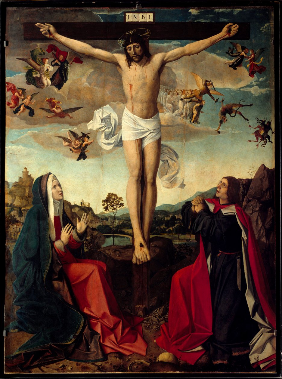 कलवारी। क्रॉस के पैर पर वर्जिन मैरी और सेंट जॉन के साथ सूली पर चढ़ना। क्रॉस पर शिलालेख "" INRI ""। सैन सेबेस्टियन या जोस लिफ़ेरिनक्स के मास्टर द्वारा पेंटिंग (1493 से 1505 तक सक्रिय) द्वारा जोसे (fl। 1493 1508) डिलीवरी कुल्हाड़ी