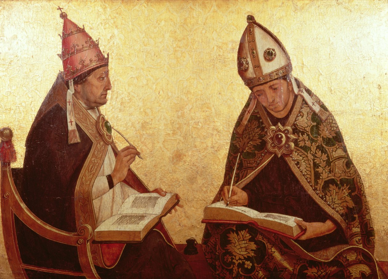 सेंट ग्रेगरी और सेंट ऑगस्टीन, c.1510 (टेम्परेचर एंड गोल्ड ऑन पैनल) द्वारा जुआन डी बोर्गोना