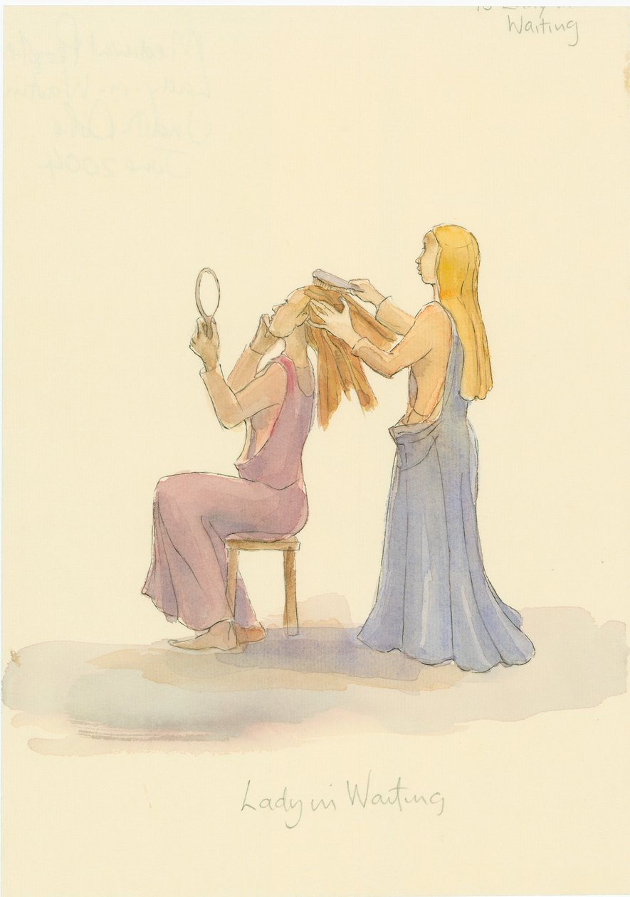 प्रतीक्षा में एक मध्यकालीन महिला, एक महिला के बालों को संवारती हुई, 2004। द्वारा जूडिथ डोबी