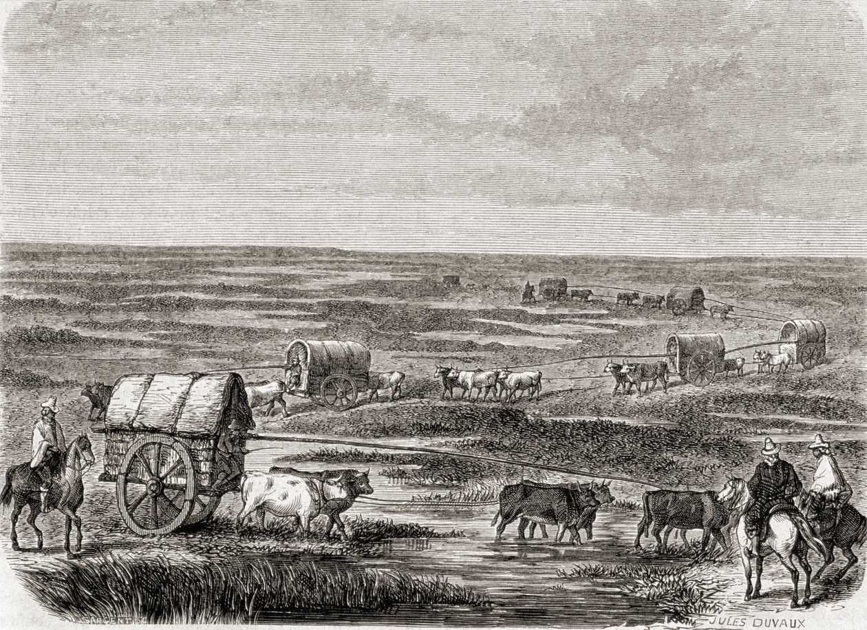 1860 के दशक में अर्जेंटीना पैम्पस पर वैगन ट्रेन, अल्फ्रेड लुई सार्जेंट द्वारा उत्कीर्ण (b.1828) द्वारा जूल्स एंटोनी डुवाक्स