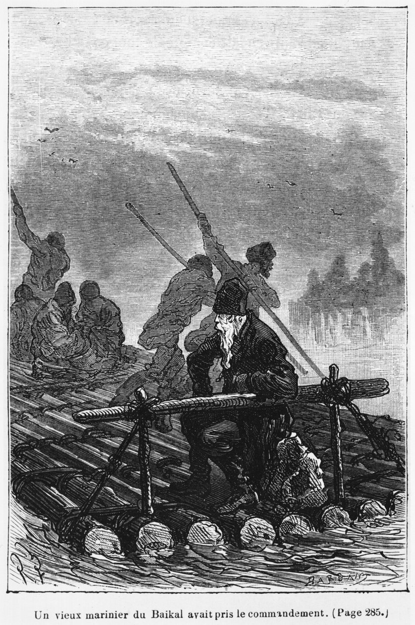 एक पुराने बाइकाल नाव वाले ने चार्ल्स बार्बेंट (d.1922) पेरिस, हेत्ज़ेल द्वारा उत्कीर्ण जूल्स वर्ने (1828-1905) द्वारा &39;मिशेल स्ट्रोगोफ़&39; से चित्रण, कमान की कमान संभाली। द्वारा जूल्स फेरत