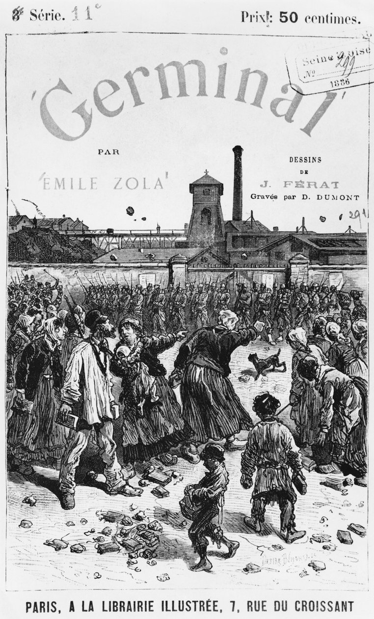 ऐमिल ज़ोला (1840-1902) द्वारा &39;जर्मिनल&39; का फ्रंट कवर चित्रण, इच्छा ड्यूमॉन्ट, 1886 संस्करण द्वारा उकेरा गया द्वारा जूल्स फेरत