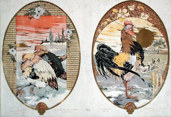 मुर्गा और मुर्गियां, स्क्रीन के लिए डिज़ाइन, c.1900 (कलर लिथो) द्वारा जूल्स अगस्टे हैबर्ट डिस
