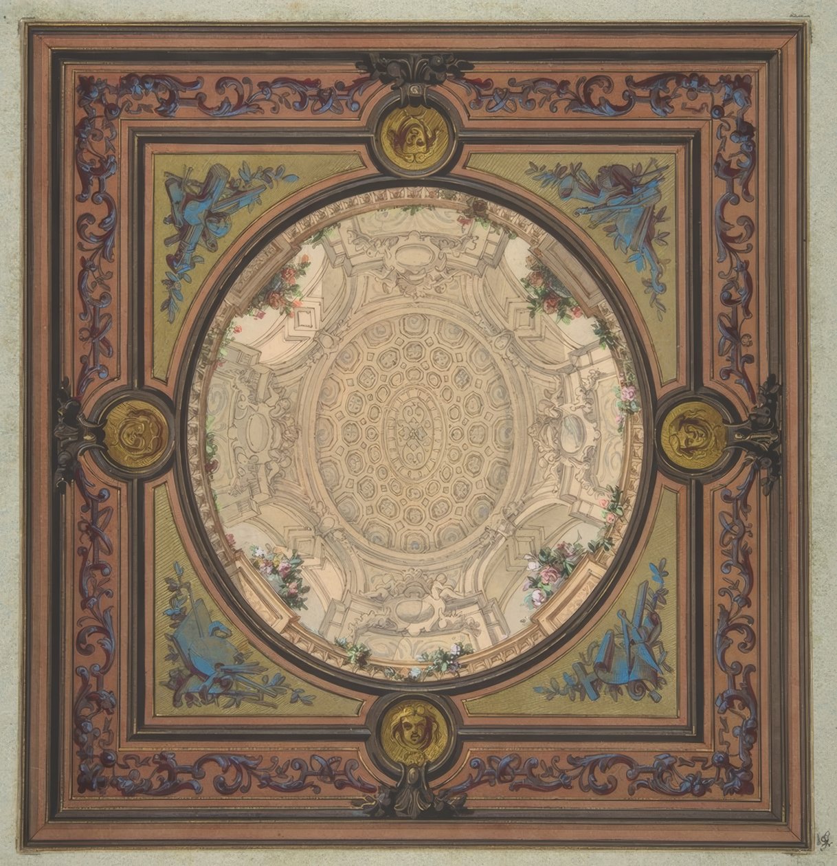 एक coffered गुंबद के एक ट्रॉम लूप पेंटिंग के साथ एक छत की सजावट के लिए डिजाइन द्वारा जूल्स एडमंड चार्ल्स लच्छीस