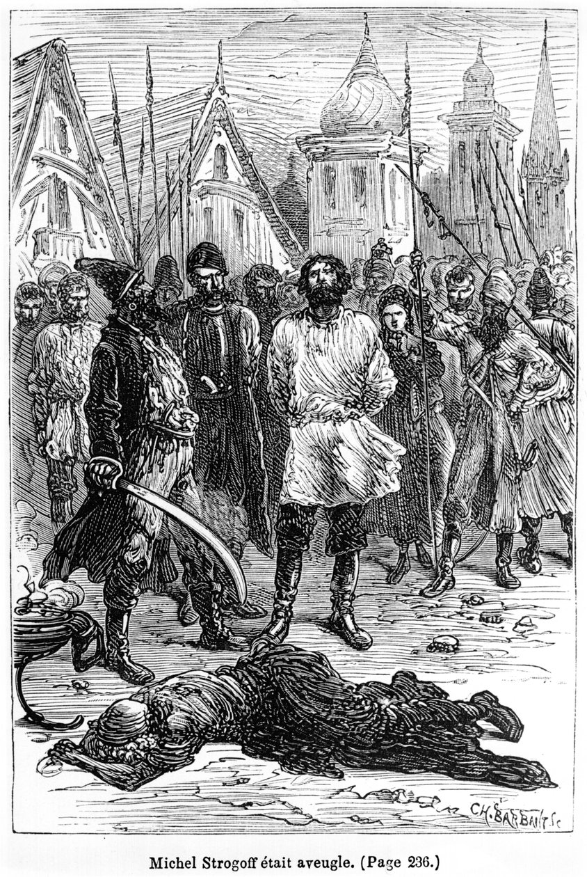 माइकल स्ट्रोगॉफ़ अंधा था, चार्ल्स बर्बेंट (d.1922) पेरिस, हेट्ज़ेल द्वारा उत्कीर्ण जूल्स वर्ने (1828-1905) द्वारा &39;मिशेल स्ट्रोगॉफ़&39; का चित्रण द्वारा जूल्स फेरत