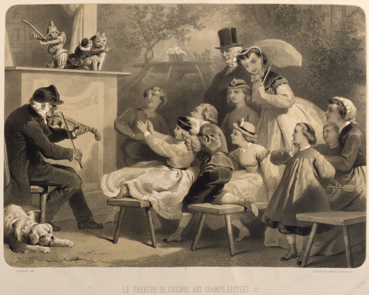 थियेटर गुइग्नोल, चैंप्स-एलिस, क्लाउड रेग्नियर (fl.1840-66) बेटानियर और मोरियन द्वारा उत्कीर्ण द्वारा जूल्स मैरी डेसेंड्रे