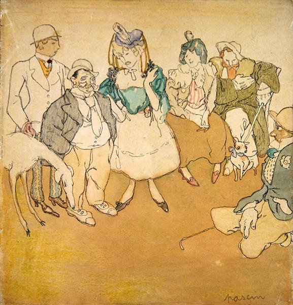 आंकड़े और कुत्ते, c.1906 (कागज पर कलम और स्याही और पानी के रंग का) द्वारा जूल्स पास्किन