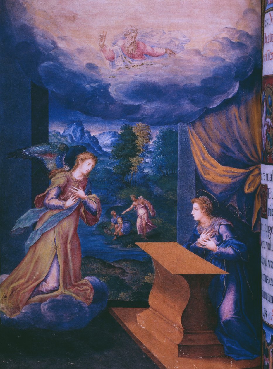 Fol.5v, घोषणा, स्पेन के राजा फिलिप II के ब्रेविअरी के एक संकाय से द्वारा जूलियन और लियोन, एंड्रेस डी फुएंते डेल साज़