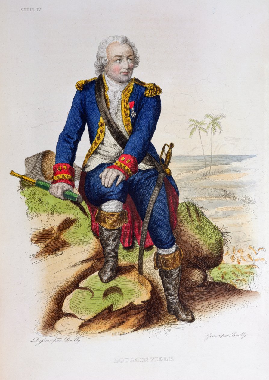 लुई एंटोनी डी बोगेनविले (1729-1811) एक चट्टान पर बैठे, एडोअर्ड मेन्नेचेट, पेरिस, 1835 (रंग उत्कीर्णन) द्वारा &39;द फ्रेंच प्लूटार्क&39; के चित्र द्वारा जूलियन लियोपोल्ड बोइली