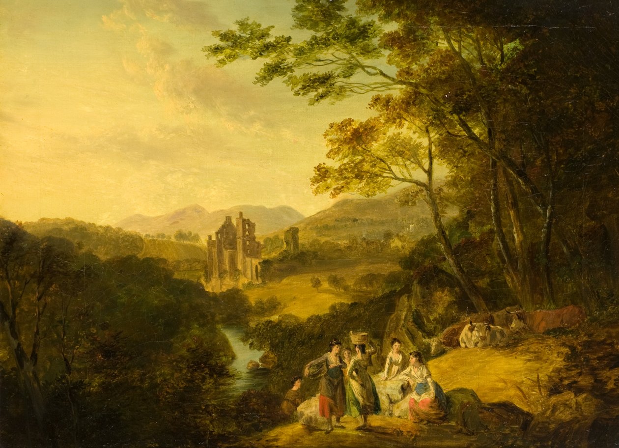 वॉशरविलेन और मवेशी के साथ रॉसिन कैसल, c.1800 (कैनवास पर तेल) द्वारा जूलियस सीजर इबेट्सन