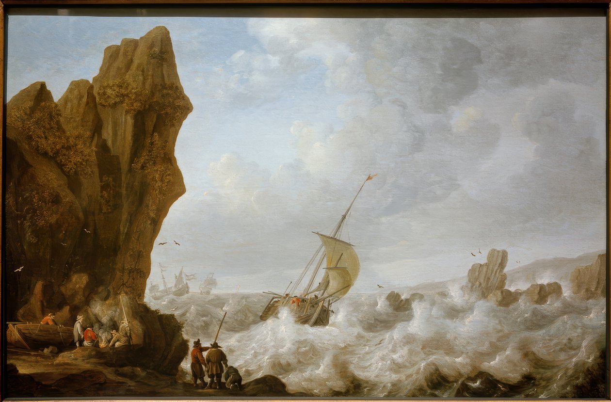 चट्टानी तट के सामने तूफानी समुद्र में मछली पकड़ने की नाव द्वारा जूलियस पोरसेलिस