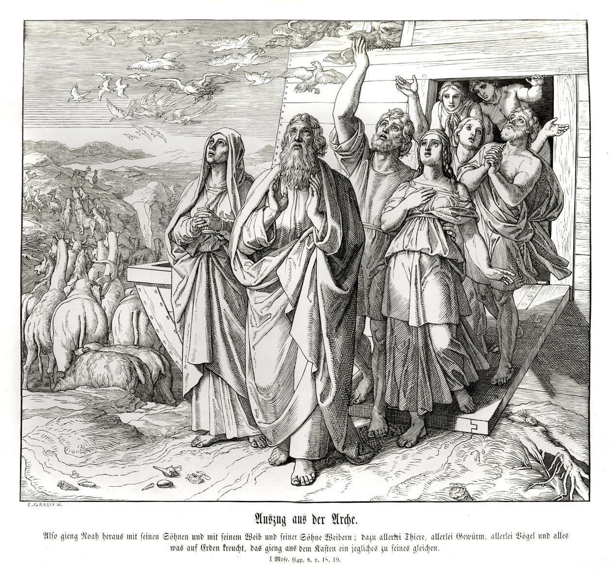 नूह और उसका परिवार जलप्रलय के बाद, उत्पत्ति द्वारा जूलियस श्नेरोर वॉन कैरोलसफेल्ड