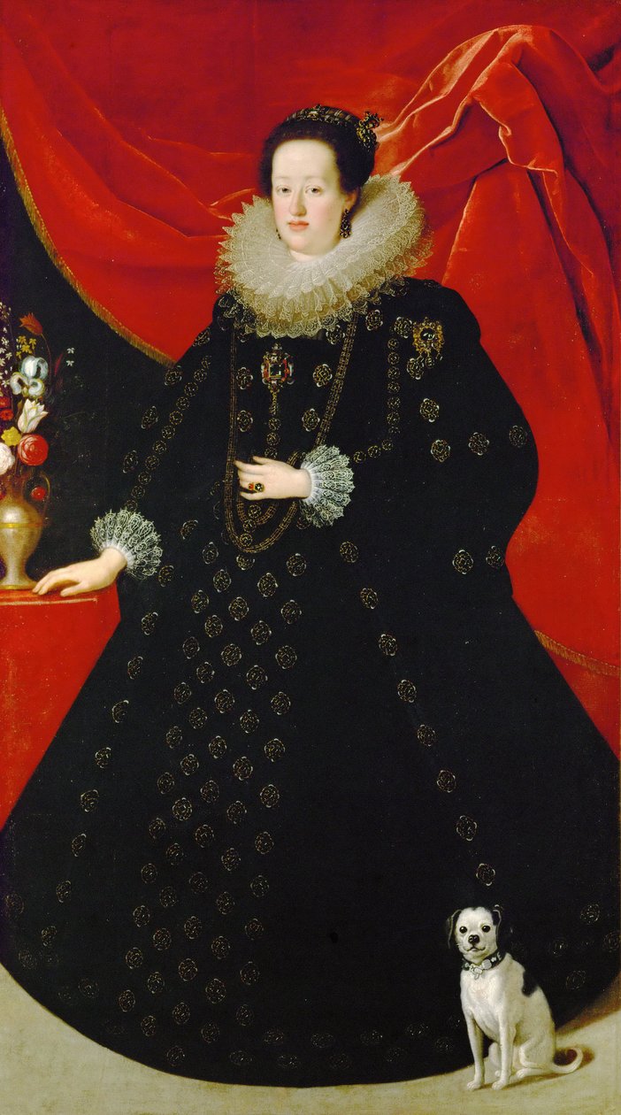 Eleonore de Gonzague (ou de Mantoue) - एलोनोरा गोंजागा का पोर्ट्रेट (1598-1655), काली पोशाक में, Sustermans, Justus (Giusto) (1597-1681) द्वारा। कैनवास पर तेल, सीए 1624। आयाम: 207x108 सेमी। कला इतिहास संग्रहालय, वियना द्वारा जस्टस सुस्टरमन्स