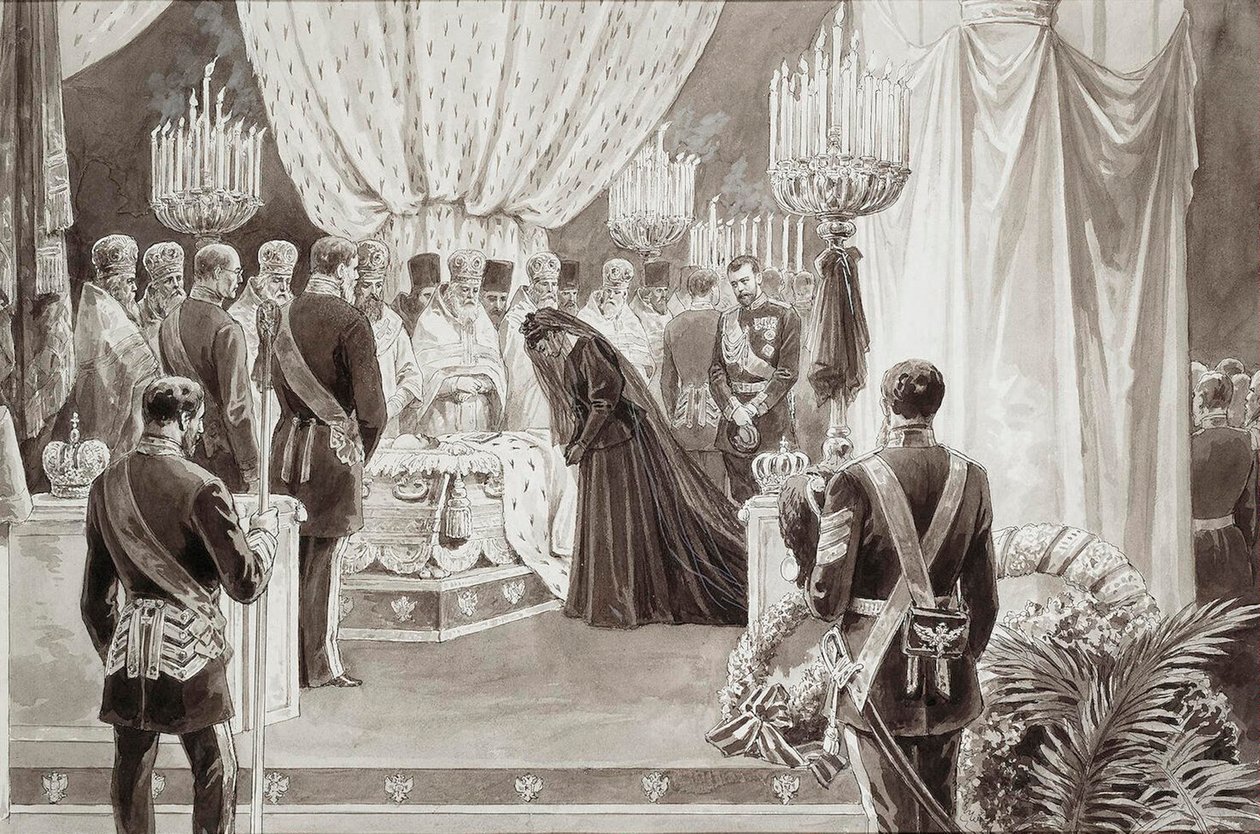 1894 में सेंट पीटर्सबर्ग में सेंट पीटर और पॉल कैथेड्रल में सम्राट अलेक्जेंडर III का दफन। द्वारा कारेल ब्रोझी
