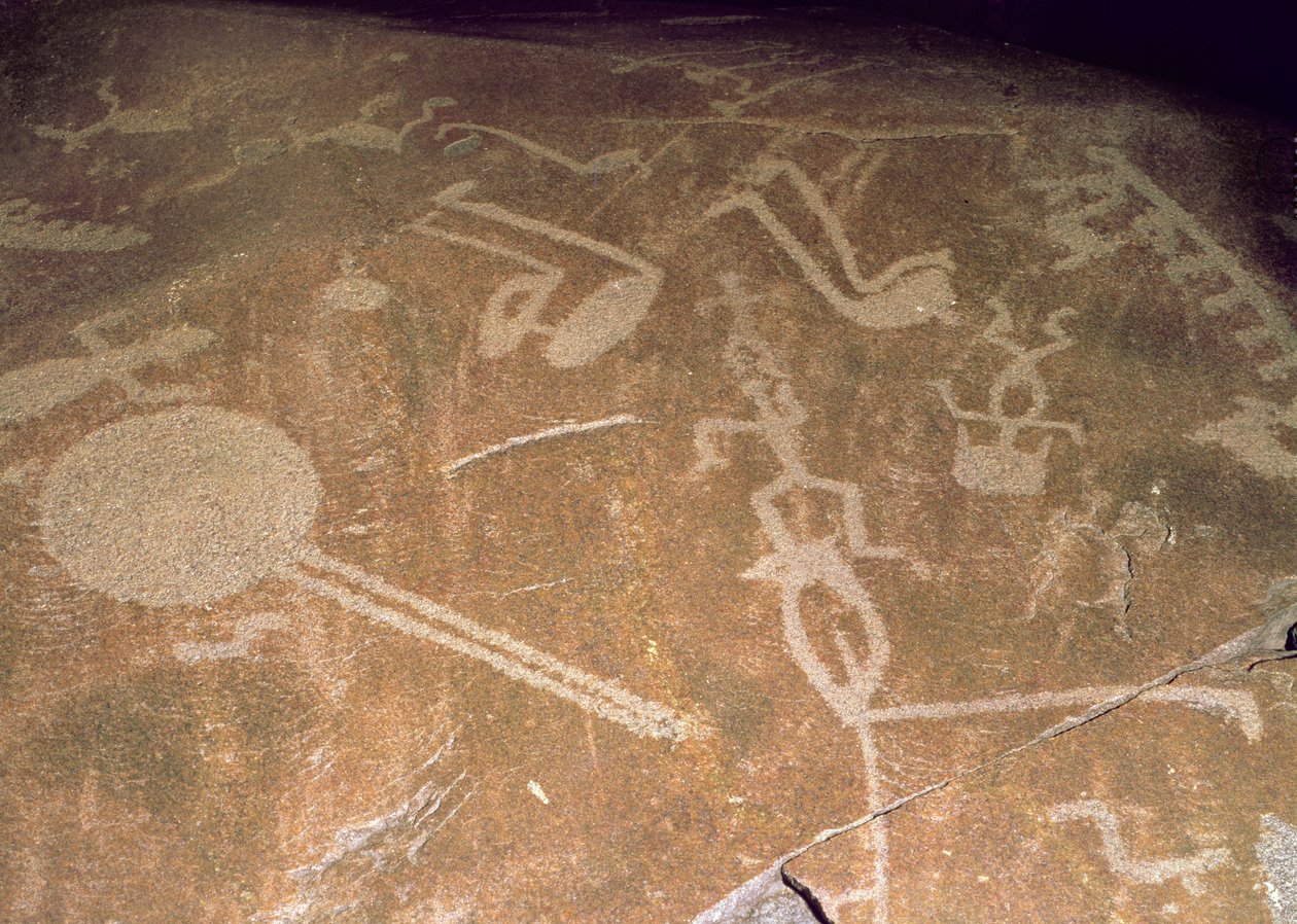 नक्काशीदार petroglyph चित्रण, हिरण, एल्क, पक्षियों, नावों और हलकों, 3 सहस्राब्दी ईसा पूर्व (ग्रेनाइट) द्वारा खरेलिअन
