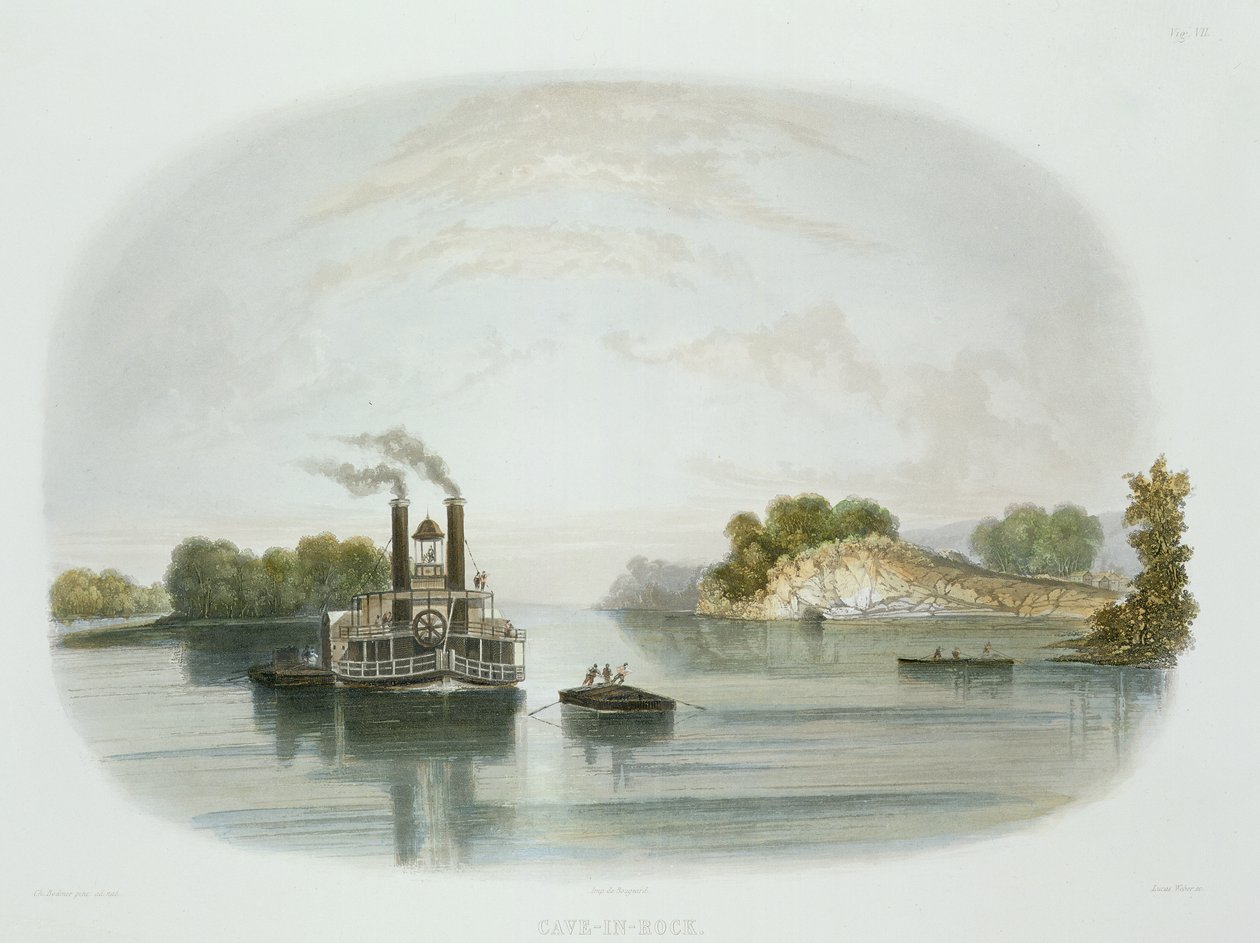 ल्यूकस वेबर, 1843 (एक्वाटिंट) द्वारा उकेरी गई &39;ट्रेवल्स ऑफ नॉर्थ अमेरिका&39; के वॉल्यूम 1 से प्लेट 7, ओहियो पर गुफा-इन-रॉक, दृश्य। द्वारा कार्ल बॉडर