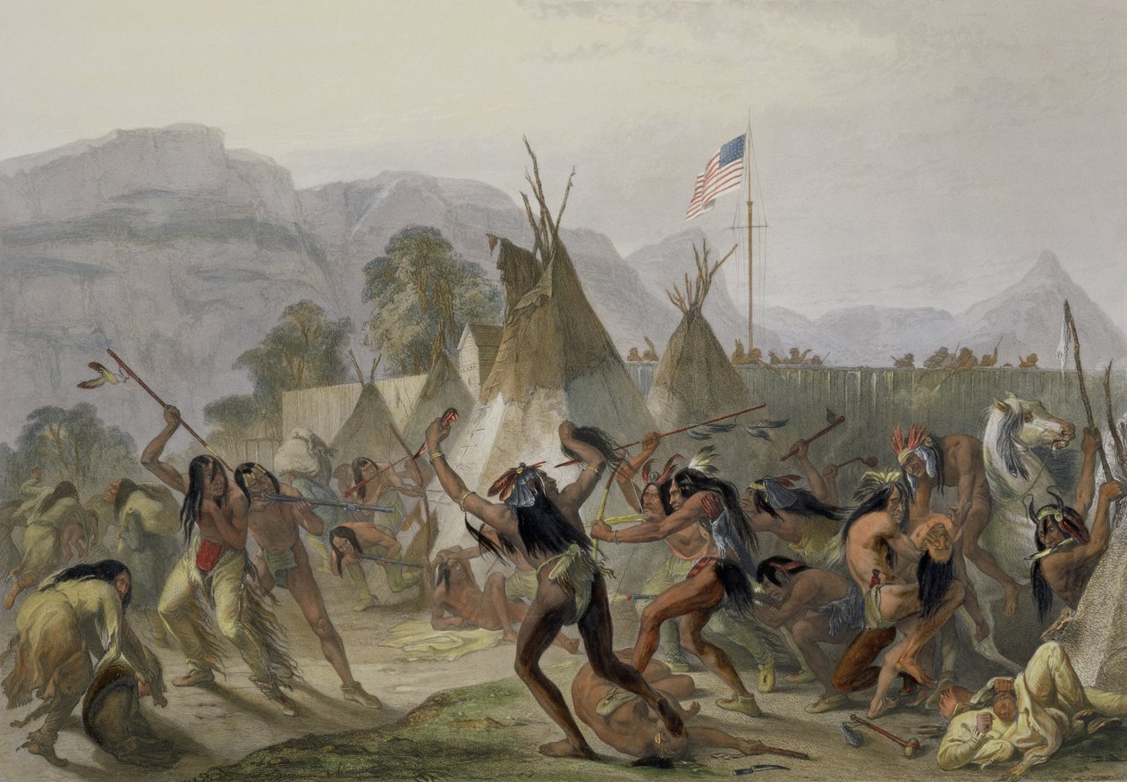 फोर्ट मैकेंजी, 28 अगस्त 1833, &39;नॉर्थ अमेरिका के इंटीरियर में ट्रैवल्स&39; के खंड 2 से प्लेट 42, एलेक्जेंडर मांचे और जे। हर्लीमैन द्वारा उत्कीर्ण, 1844 (एक्वाटिंट) द्वारा कार्ल बॉडर