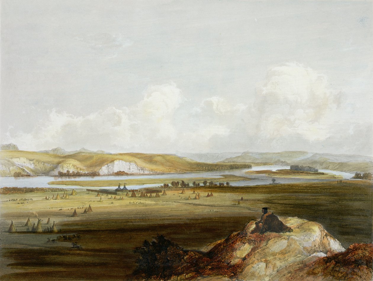 मिस्री पर फोर्ट पियरे, फ्रेडरिक सालत (1793-1858) 1844 (एक्वाटिंट) द्वारा उत्कीर्ण &39;ट्रेवल्स इन द इंटीरियर ऑफ नॉर्थ अमेरिका&39; के खंड 2 से प्लेट द्वारा कार्ल बॉडर