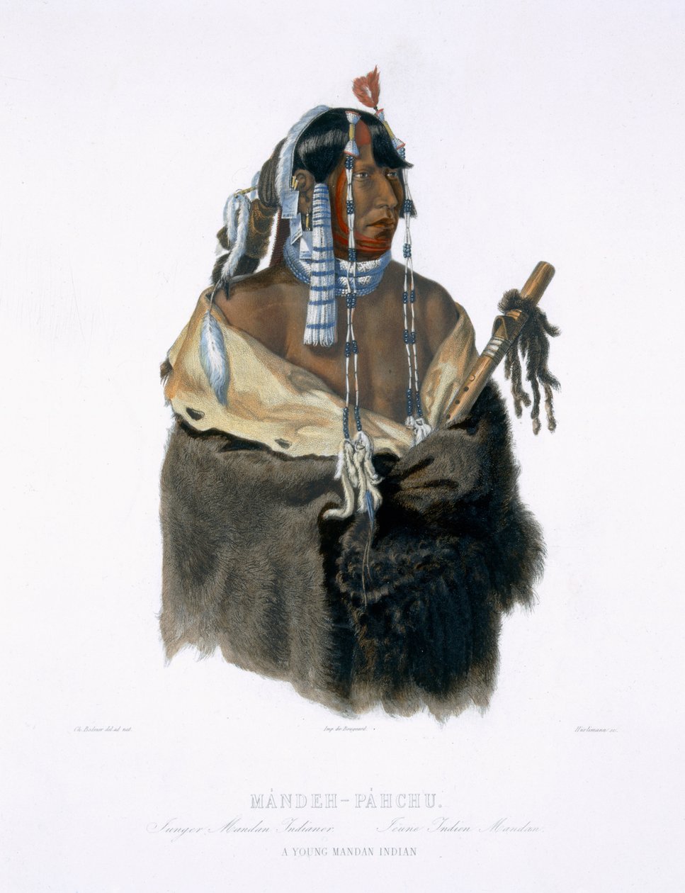 मंडे-पह्चू, एक युवा मंडन भारतीय, &39;उत्तरी अमेरिका के आंतरिक इलाकों में यात्राएं&39; के खंड 1 से प्लेट 24, जे। हर्लीमन्न द्वारा उत्कीर्ण, 1843 (जलीय) द्वारा कार्ल बॉडर