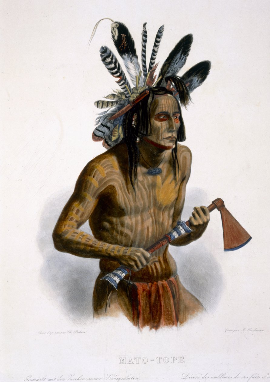 माटो-टोपे, अपने युद्ध योग्य कर्मों के प्रतीक चिन्ह के साथ सजी, जे। हुरिलमैन, 1844 (एक्वाटिंट) द्वारा उत्कीर्ण &39;ट्रैवल्स ऑफ नॉर्थ अमेरिका&39; के खंड 2 के खंड 14 से द्वारा कार्ल बॉडर
