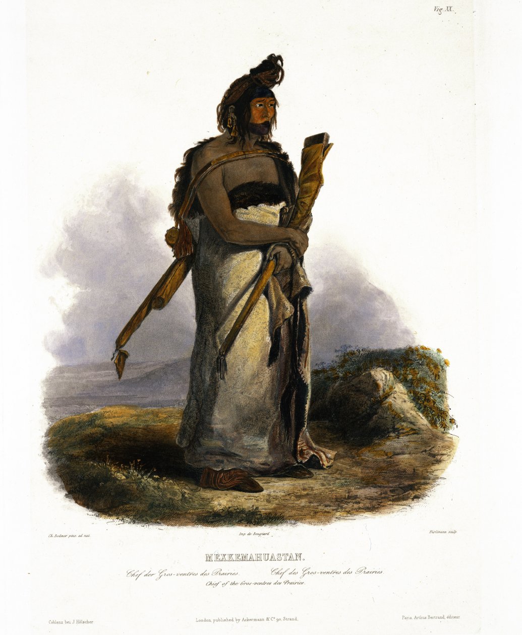 मेक्सिकेमाहुस्तान, प्रेयरीज के ग्रोस-वेन्ट्रेस के प्रमुख, जे। हर्लीमैन, 1843 (एक्वाटिंट) द्वारा उत्कीर्ण &39;ट्रेवल्स ऑफ नॉर्थ अमेरिका&39; के वॉल्यूम 1 से प्लेट 20। द्वारा कार्ल बॉडर