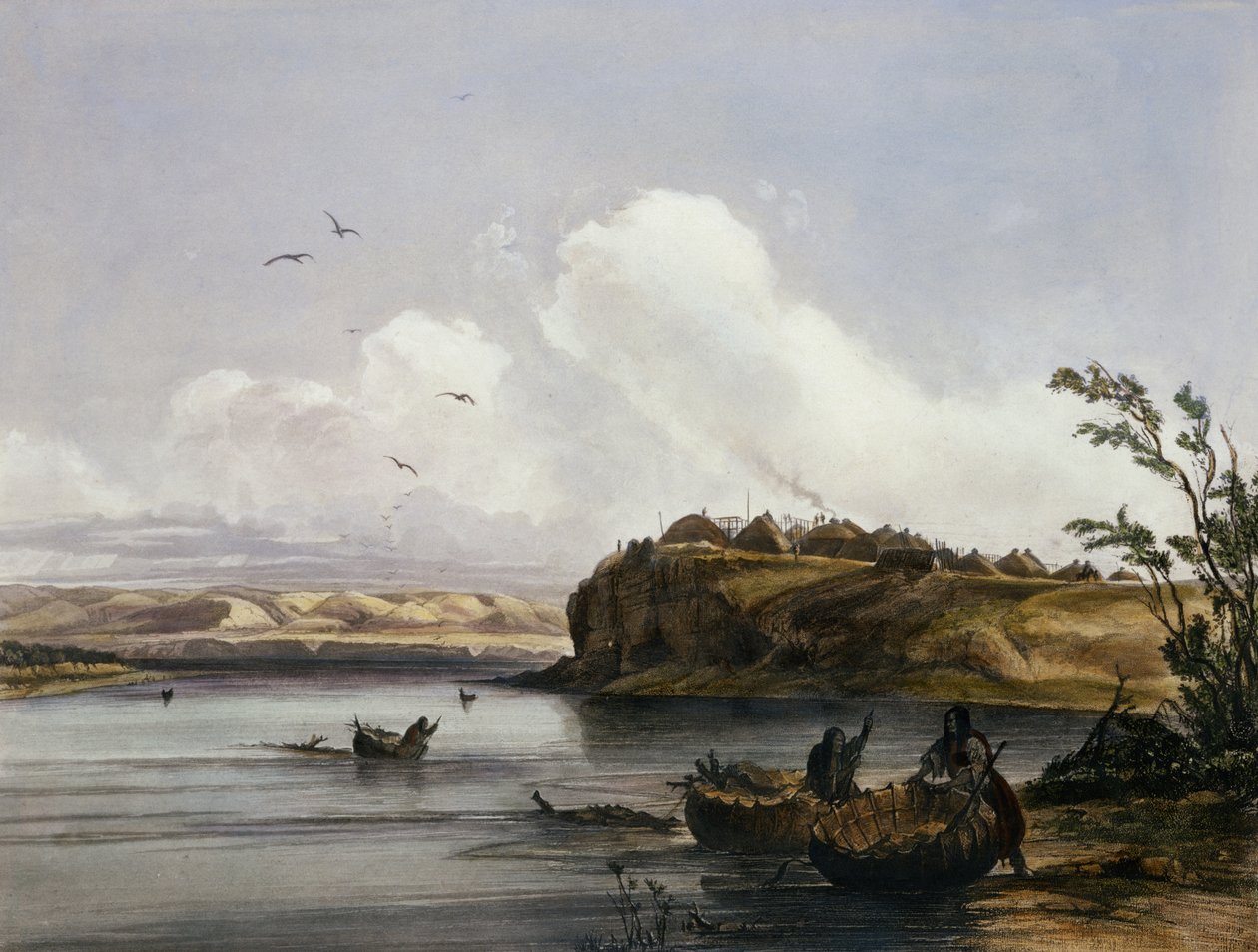 मिह-टुट्टा-हांकुश, एक मंडन गांव, फ्रेडरिक सालत (1793-1858) 1844 (एक्वाटिंट) द्वारा उत्कीर्ण &39;ट्रेवल्स इन द इंटीरियर ऑफ नॉर्थ अमेरिका&39; के खंड 2 से द्वारा कार्ल बॉडर