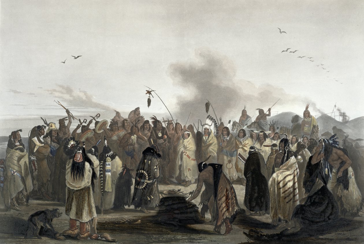 मिन्ट्रेस का स्कैल्प डांस, कार्ल वोगेल (1816-51) 1844 (एक्वाटिंट) द्वारा उत्कीर्ण `ट्रेवल्स इन द इंटर्न ऑफ नॉर्थ अमेरिका &39;के वॉल्यूम 2 से प्लेट 27 द्वारा कार्ल बॉडर