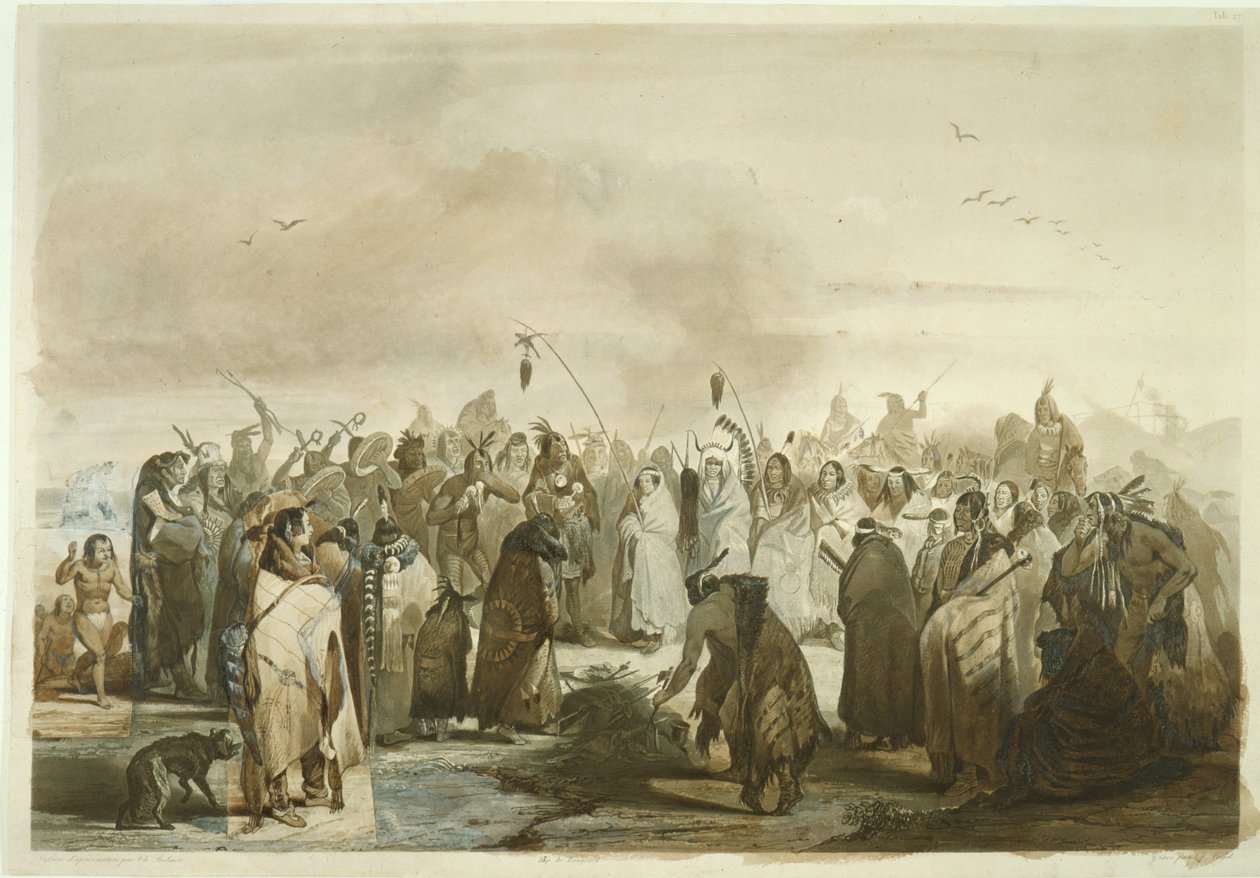 मिनार्रेस का स्कैल्प डांस, c.1833-43 (कागज पर पेंसिल, पेन und wc द्वारा कार्ल बॉडर