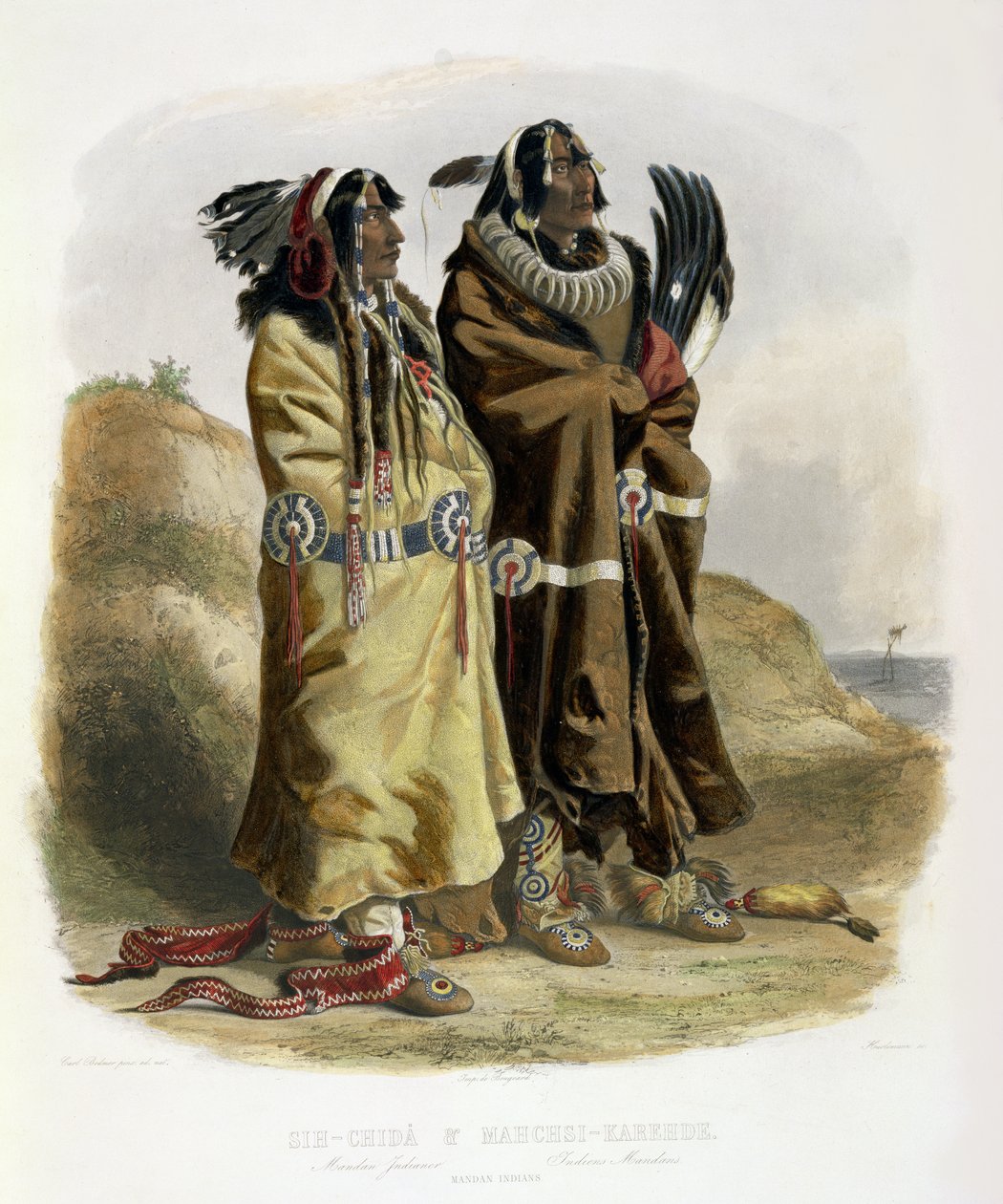 सीह-चिड़ा और महकसी-करीहेड, मंडन इंडियंस, जे। हर्लीमैन, 1844 (एक्वाटिंट) द्वारा उत्कीर्ण &39;ट्रेवल्स ऑफ नॉर्थ अमेरिका&39; के वॉल्यूम 2 से प्लेट 20 द्वारा कार्ल बॉडर