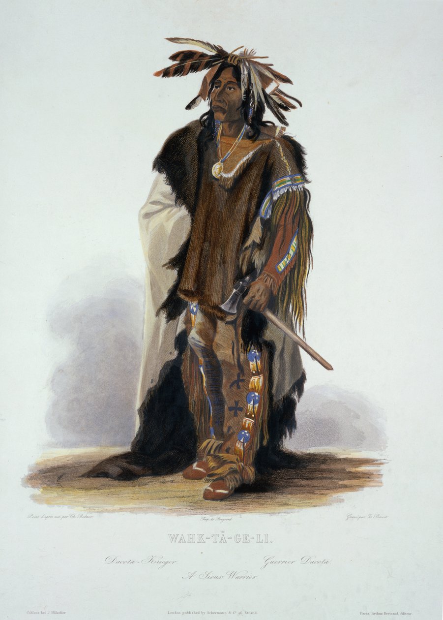 Wahk-Ta-Ge-Li, एक Sioux योद्धा, जो उत्तर अमेरिका के आंतरिक भाग &39;ट्रेवल्स 2 के खंड 8 से जेड प्रीवॉस्ट, 1844 (एक्वाटिंट) द्वारा उत्कीर्ण है द्वारा कार्ल बॉडर