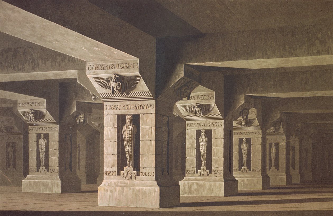 वोल्फगैंग एमेडस मोजार्ट (1756-91) द्वारा &39;द मैजिक फ्लूट&39; के एक्ट II सीन के लिए सेट डिज़ाइन द्वारा कार्ल फ्रेडरिक शिन्केल
