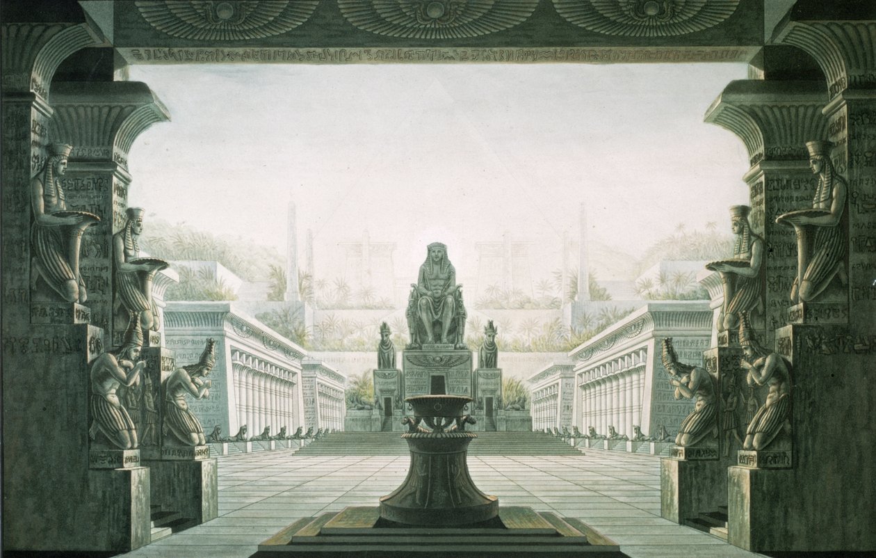 वोल्फगैंग एमेडस मोजार्ट (1756-91) द्वारा &39;द मैजिक फ्लूट&39; के अंतिम दृश्य के लिए सेट डिज़ाइन द्वारा कार्ल फ्रेडरिक शिन्केल