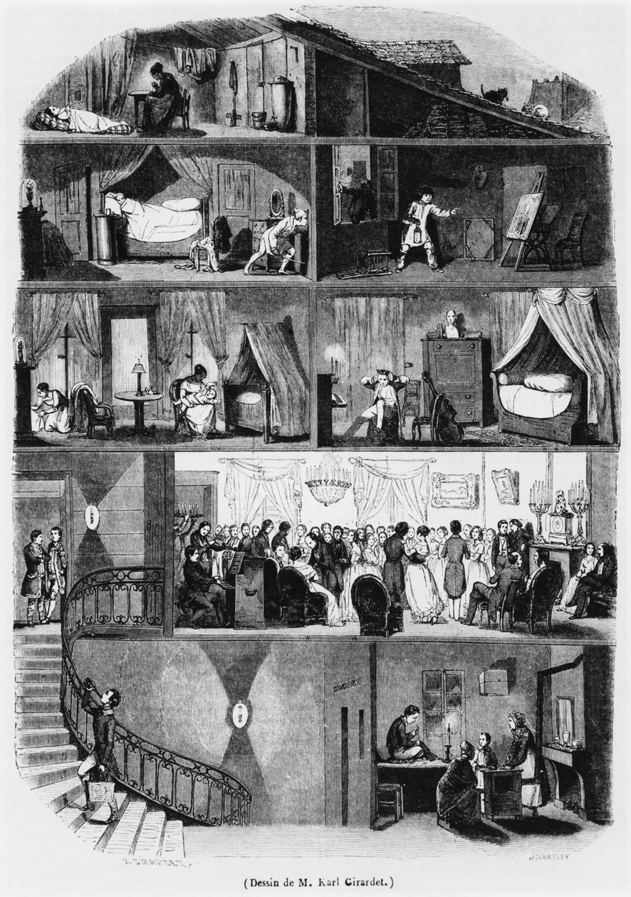 एक पेरिस भवन की धारा, जॉन लेर्टली (fl.1835-67) द्वारा 1847 में उत्कीर्ण &39;ले मैगसिन पिट्सोरेस्क&39; से चित्र द्वारा कार्ल गिरधारी