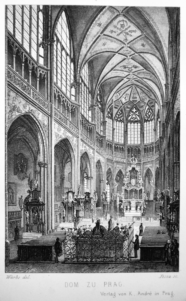 1858 से डेर डोम ज़ू प्राग की पुस्तक से चित्रण, जो सेंट के कैथेड्रल के इंटीरियर को दर्शाता है। वाइटस द्वारा कार्ल वुर्ब्स