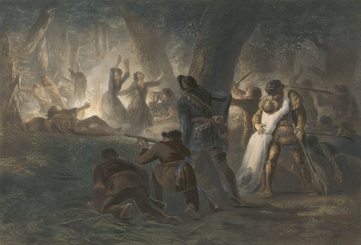 डैनियल बूने और रिचर्ड कैलवे की बेटियों का उद्धार, पब 1852 (रंग उत्कीर्णन) द्वारा कार्ल बॉडर