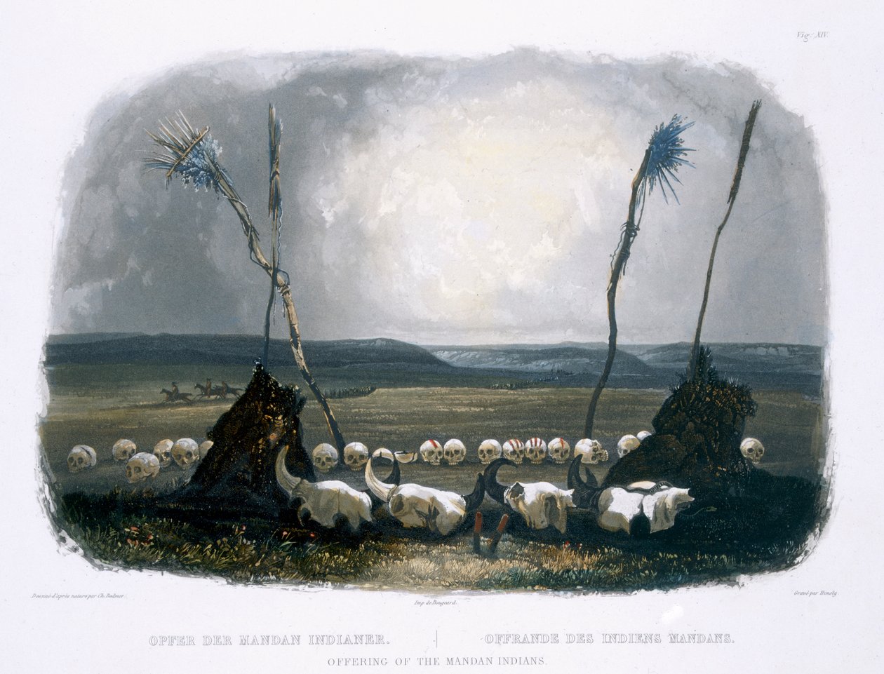 मंडन इंडियन्स की पेशकश, सिसिस्मोंडली (1801-72) 1843 (एक्वाटिंट) द्वारा उत्कीर्ण &39;ट्रैवल्स ऑफ नॉर्थ अमेरिका&39; के वॉल्यूम 1 से प्लेट 14 द्वारा कार्ल बॉडर
